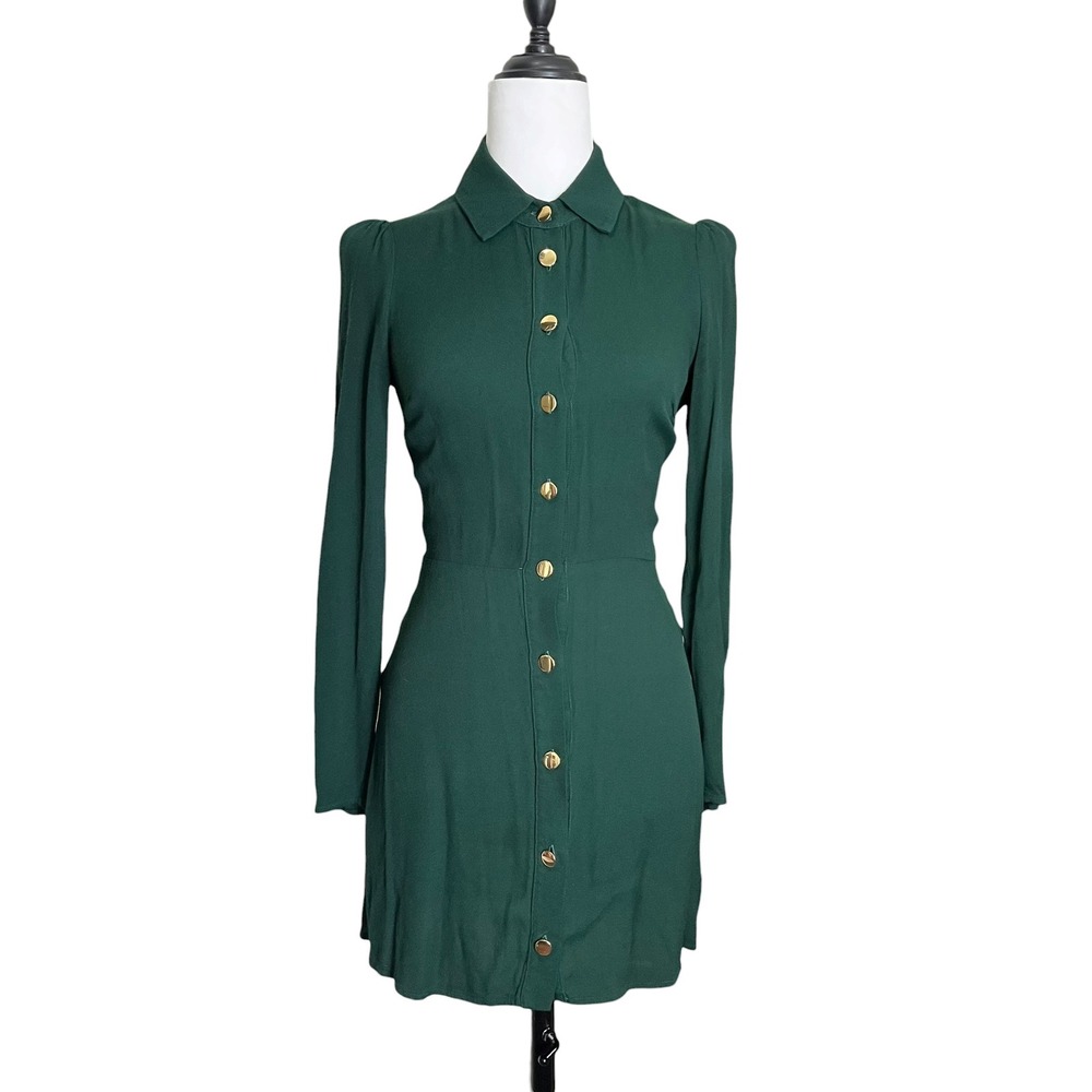 Reformation Hugh Mini Dress Women 0 Forest Green Long Sleeve Gold Buttons Crepe - Picture 2 of 7